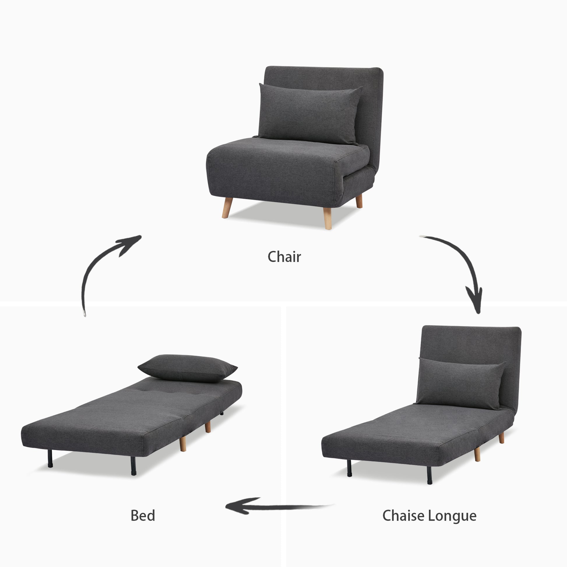 Tustin Convertible Chair in Charcoal demonstrating its conversion between chair, chaise lounge, and flat bed positions with a matching lumbar pillow