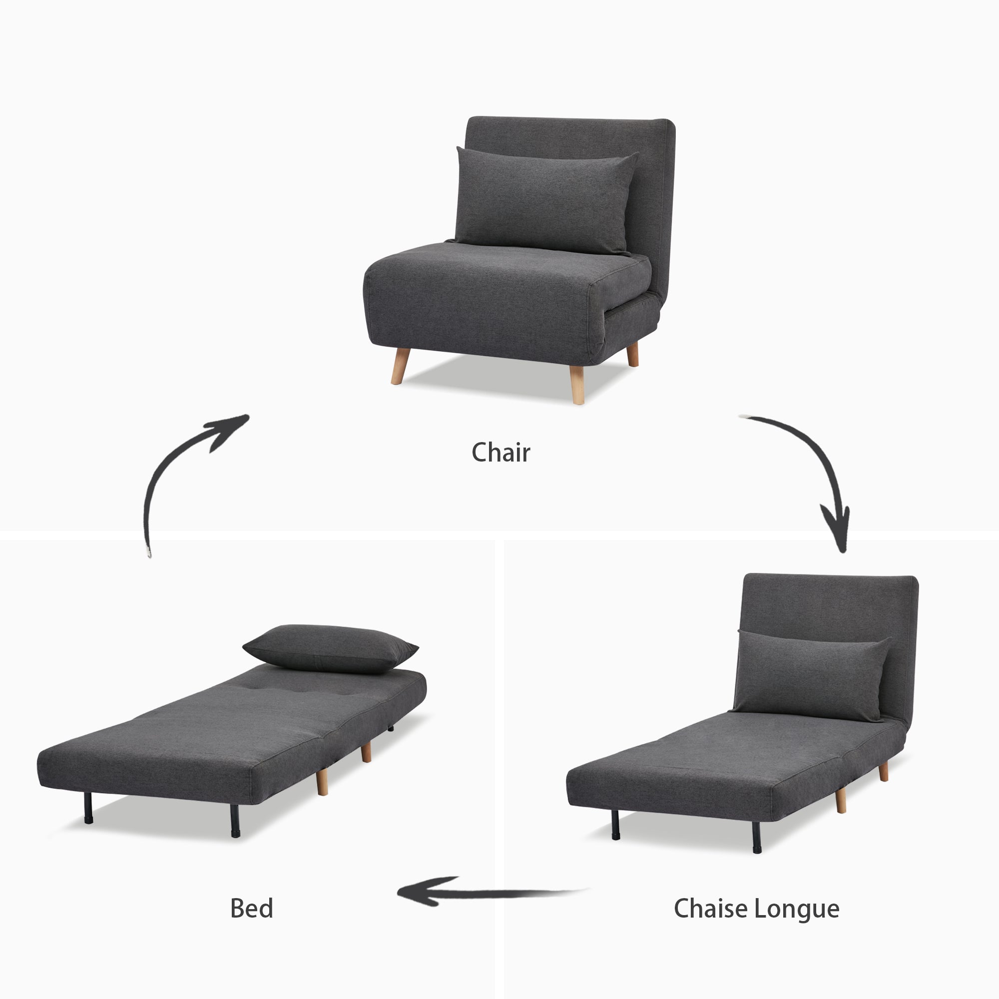Tustin Convertible Chair in Charcoal demonstrating its conversion between chair, chaise lounge, and flat bed positions with a matching lumbar pillow