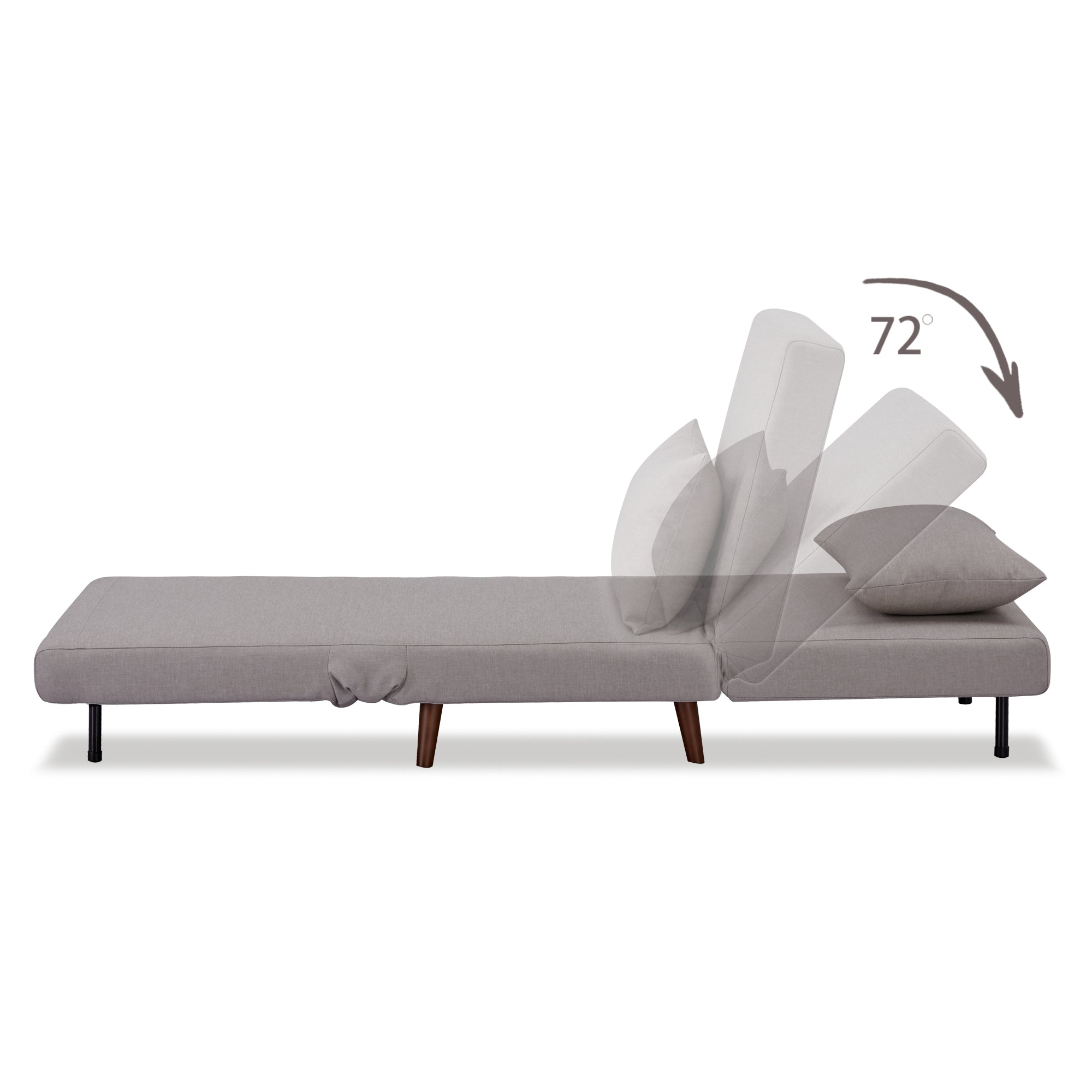Tustin Convertible Chair in Beige shown in sleeper mode with a matching lumbar pillow and adjustable backrest reclining through a 72-degree range.