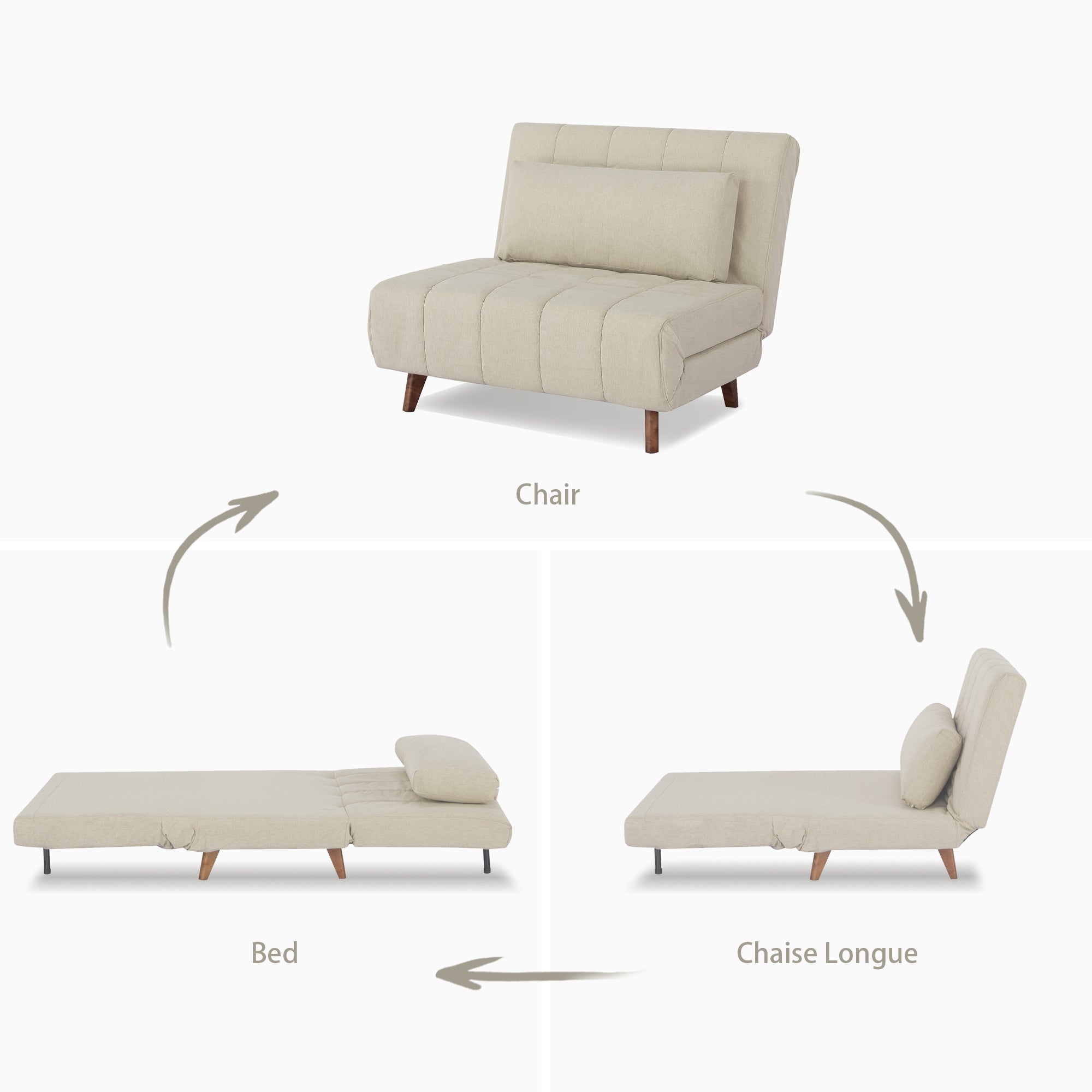 Springfield Convertible Chair shown as a chair, chaise lounge, and guest bed