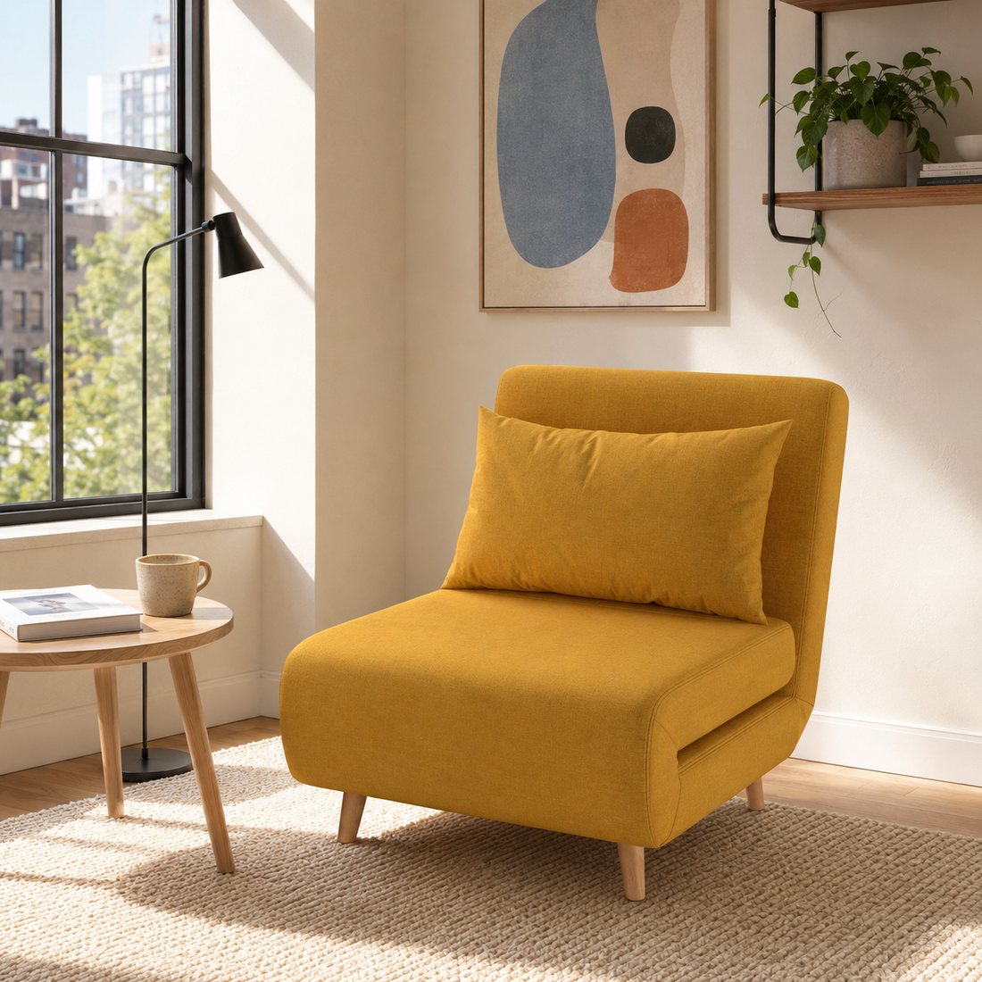 Mustard yellow convertible chair styled in a bright modern American apartment reading nook.