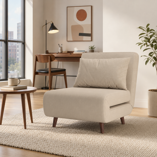 Beige convertible chair styled in a bright modern American studio apartment and home office.