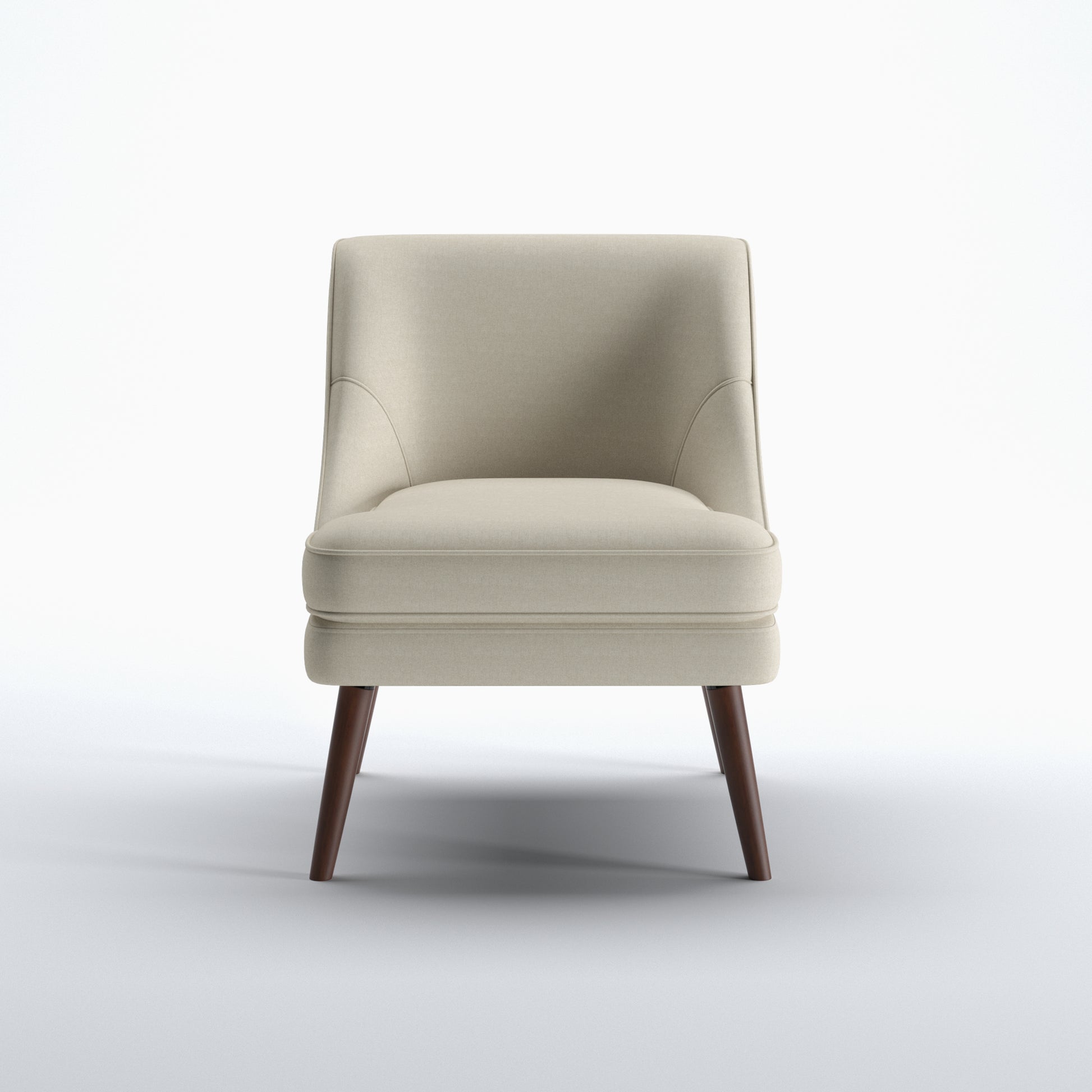 Dana Accent Chair in Faux Linen Beige shown from the front with a curved upholstered back, integrated arms, piped seat cushion, and tapered brown legs