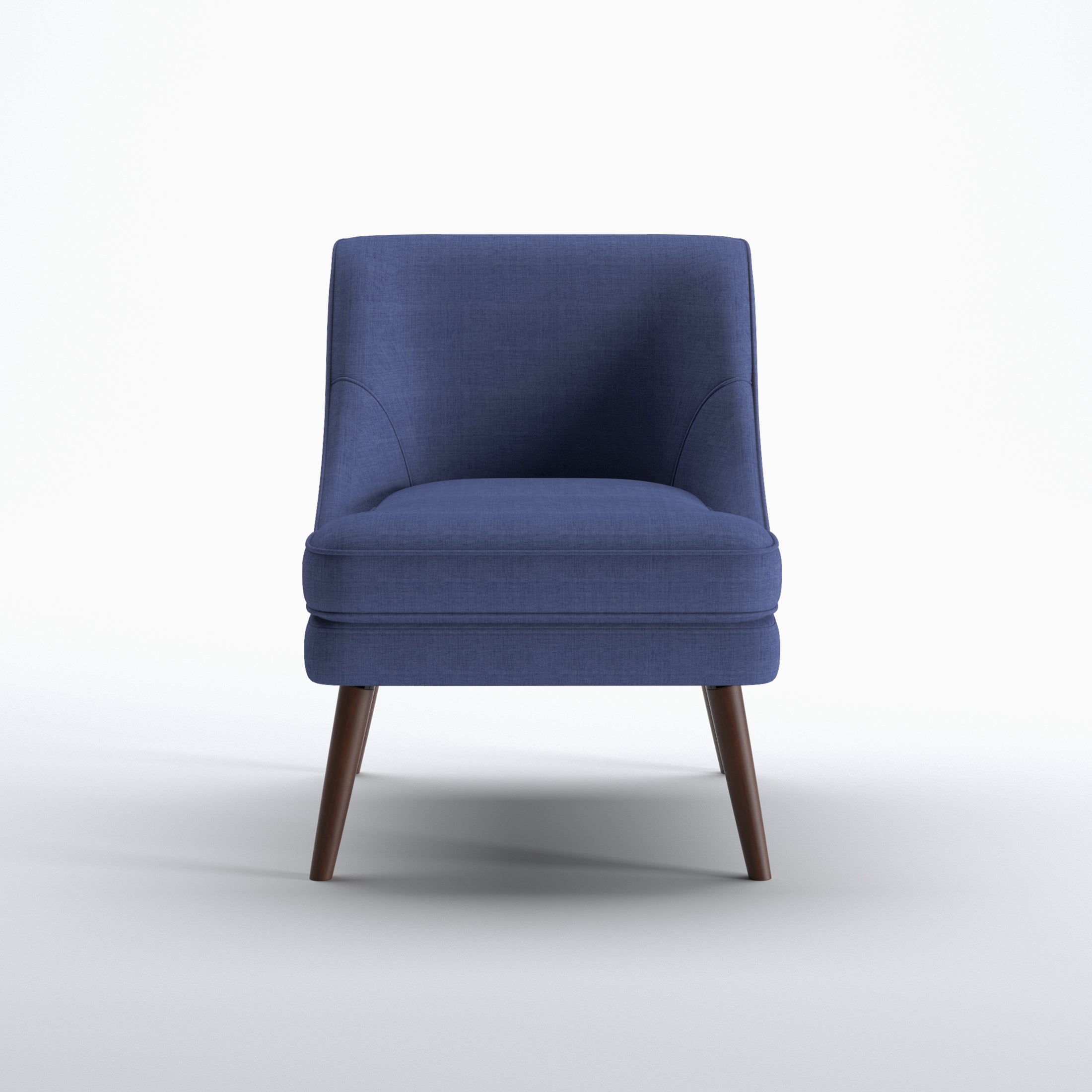 Dana Accent Chair in Faux Linen Blue shown from the front with a curved upholstered back, integrated arms, piped seat cushion, and tapered brown legs