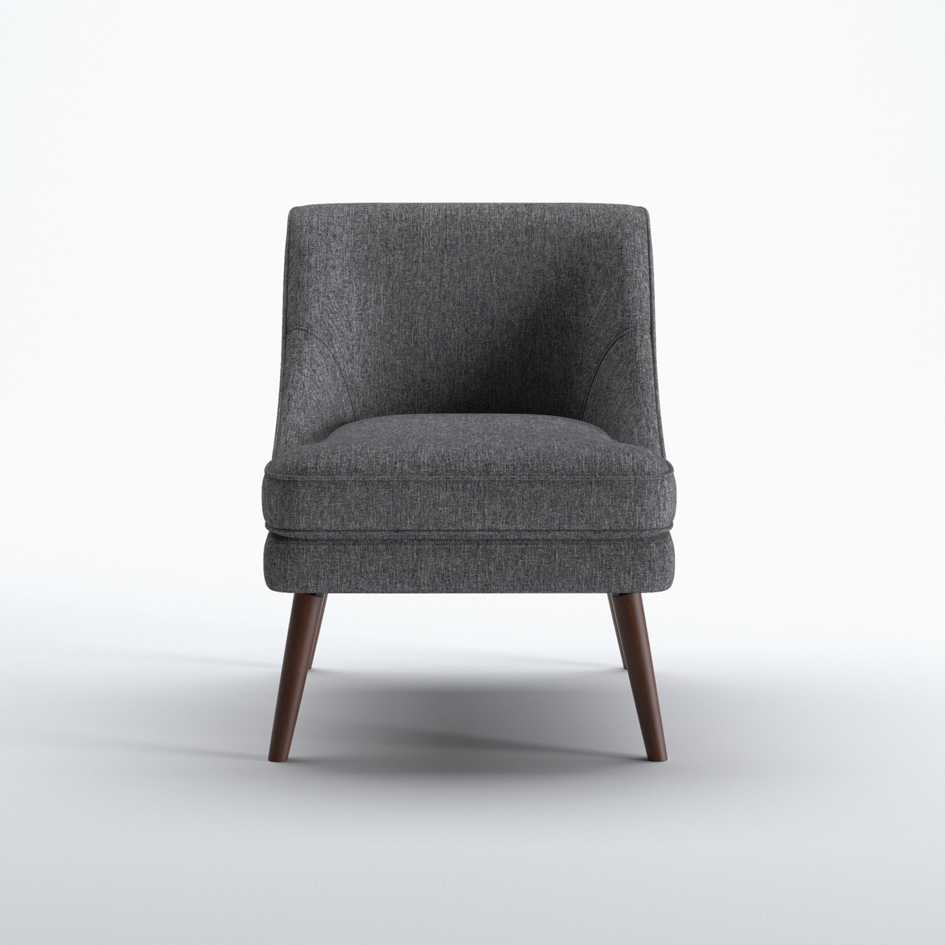 Dana Accent Chair in Faux Linen Dark Gray shown from the front with a curved upholstered back, integrated arms, piped seat cushion, and tapered brown legs
