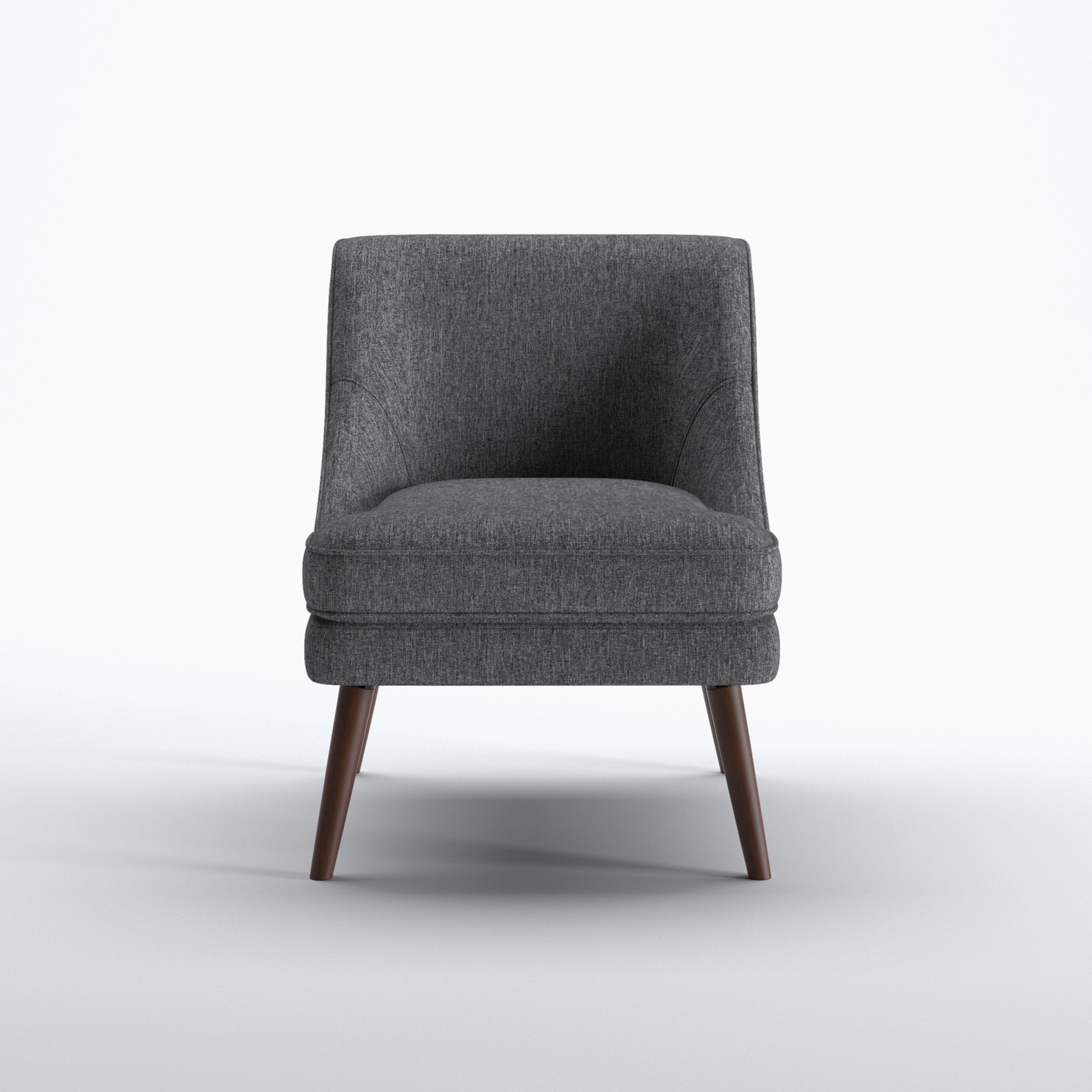 Dana Accent Chair in Faux Linen Dark Gray shown from the front with a curved upholstered back, integrated arms, piped seat cushion, and tapered brown legs
