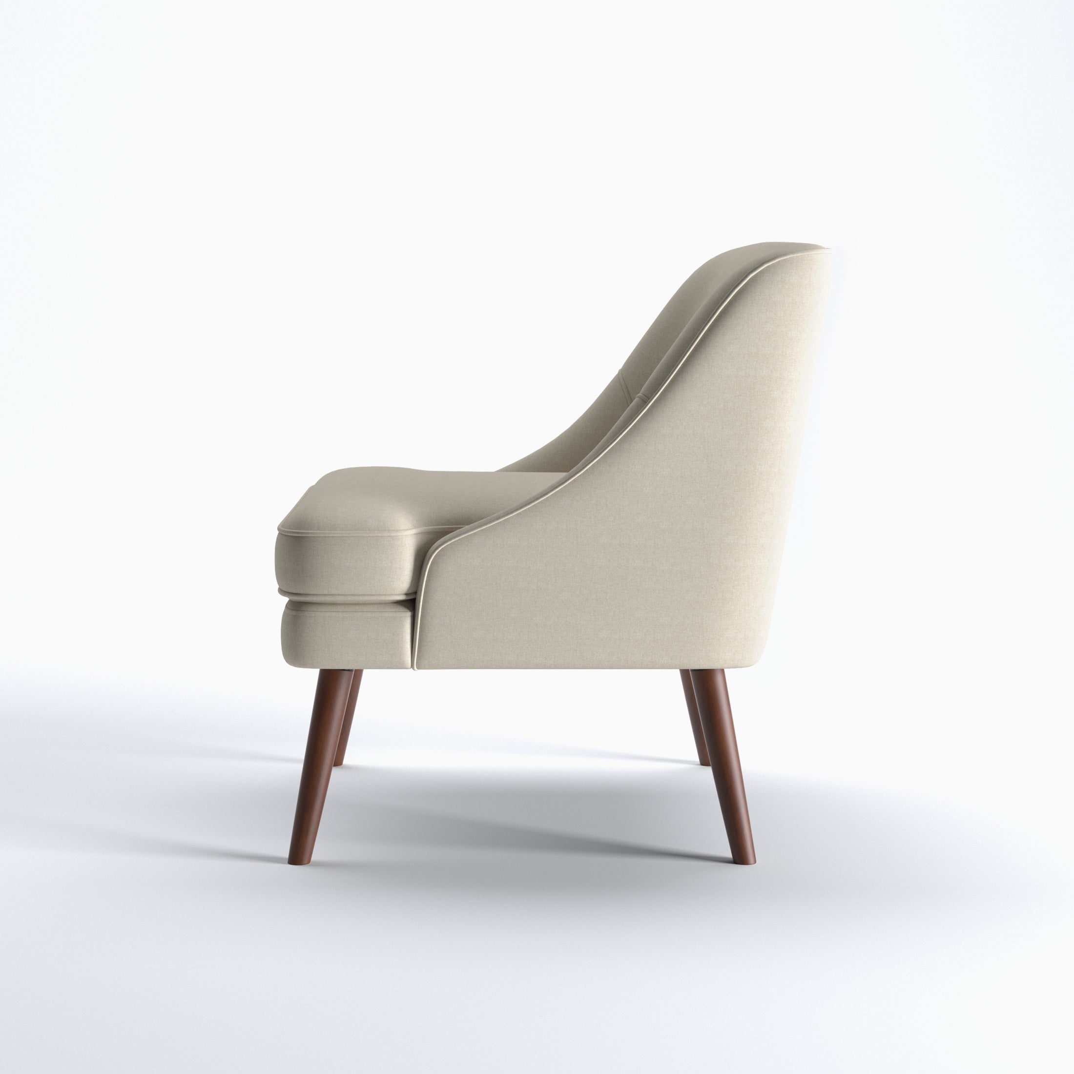 Dana Accent Chair in Faux Linen Beige shown from the side with a gently sloped back, integrated arm profile, thick seat cushion, and angled brown legs